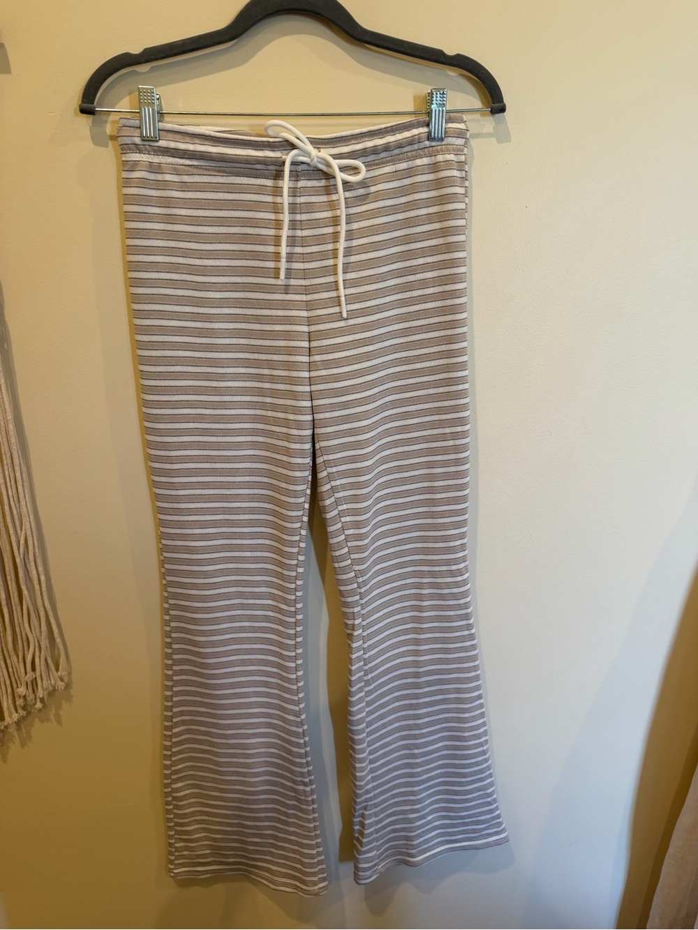 Striped Cotton-Blend Pajama Pants in Taupe & White
